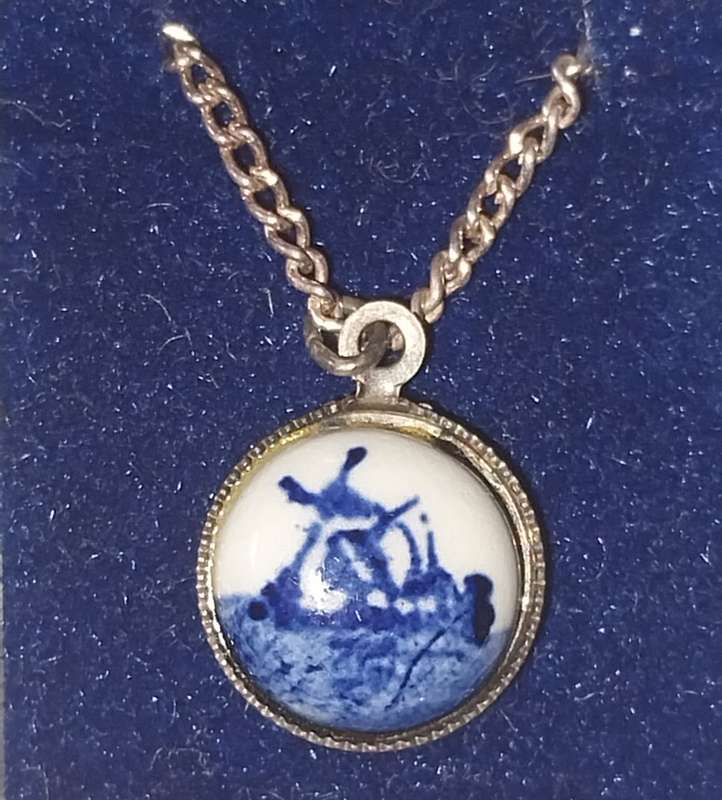 Vintage Blue Delft  with windmill  3pce Sterling Silver Necklace with earings Made in Holland