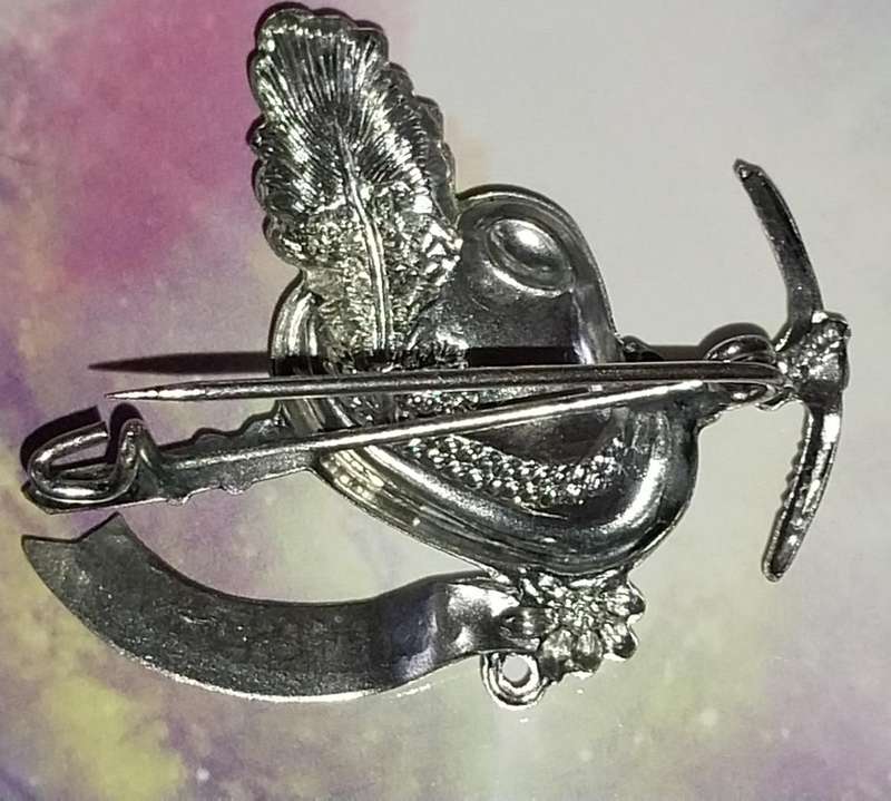 Switzerland Antique Pin Brooch Hat with a pickaxe,peacock feather,silver tone metal Brooch