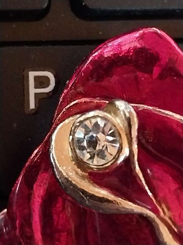 Cosmetic Mid Twenty Century Enamel Rose Brooch with a High-Quality Rhinestone