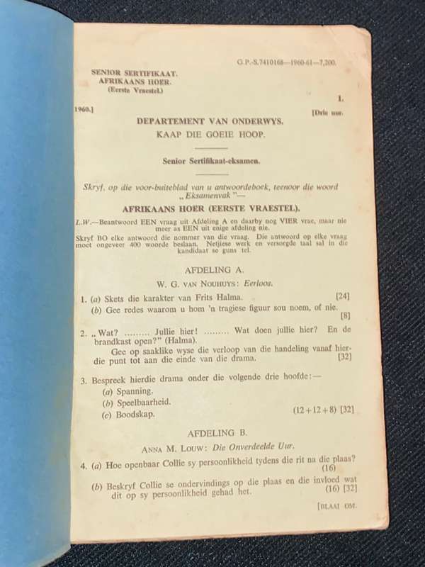 DEPARTMENT OF EDUCATION CAPE OF GOOD HOPE SENIOR CERTIFICATE EXAMINATION PAPER 1960