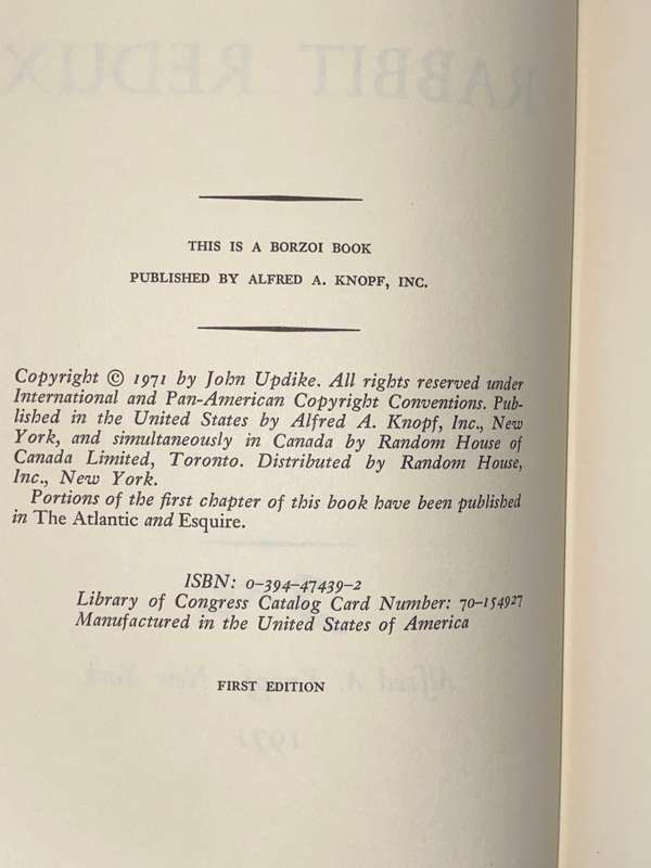 RABBIT REDUX A NOVEL BY JOHN UPDIKE 1ST US EDITION 1971