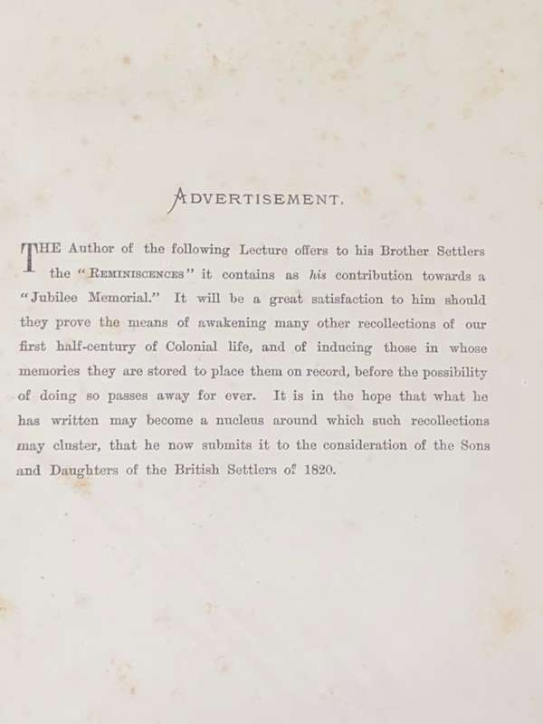 AN ALBANY SETTLER'S REMINISCENCES A LECTURE DELIVERED IN GRAHAM'S TOWN MAY 1870