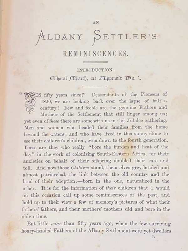 AN ALBANY SETTLER'S REMINISCENCES A LECTURE DELIVERED IN GRAHAM'S TOWN MAY 1870