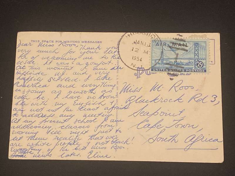 1954 THE AMERICAN INSURANCE BUILDING NEWARK NEW JERSEY USA POSTCARD TO SEA POINT SOUTH AFRICA