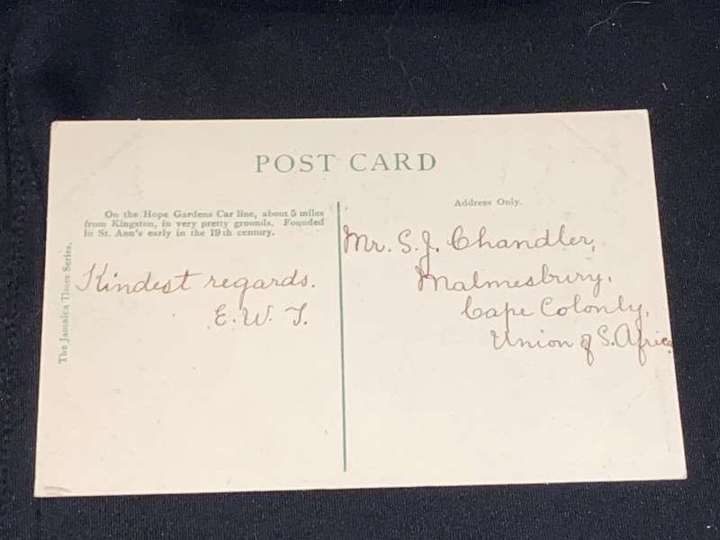 ANTIQUE JAMAICA COLLEGE ST. ANDREW PHOTO POST CARD TO CAPE COLONY 1911