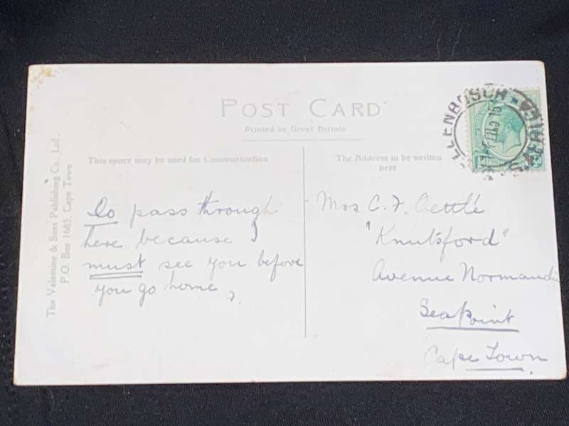 1915 COLOURED PHOTO POSTCARD OF ST. GEORGE'S PARK PORT ELIZABETH TO SEA POINT CAPE TOWN