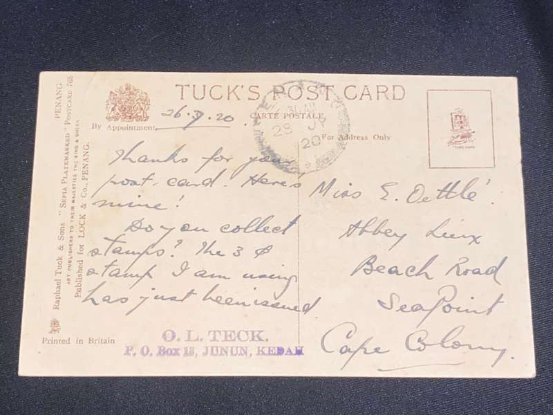ANTIQUE 1920 SEH KHOO KONGSI , PENANG S.S.  POST CARD TO CAPE TOWN