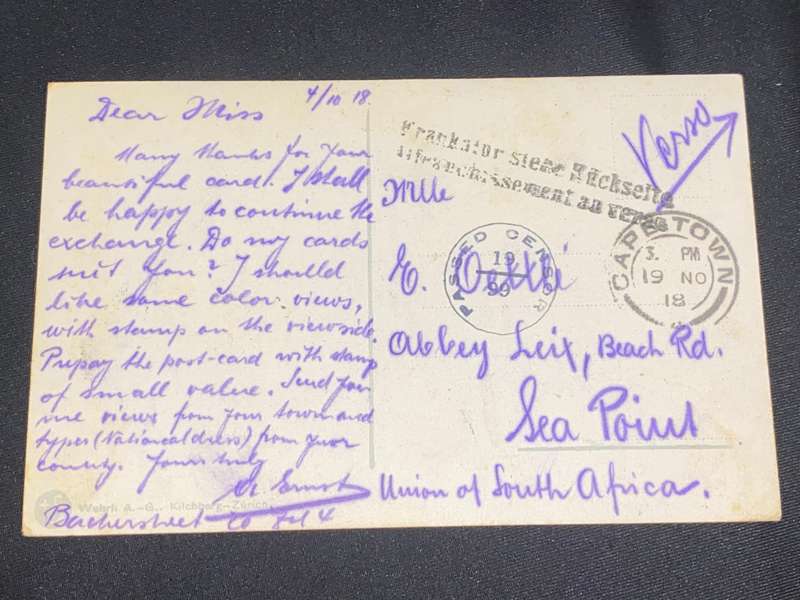 ANTIQUE 1918  POST CARD OF LAUTERBRUNNEN SWITZERLAND WITH CENSOR MARKING TO CAPE TOWN