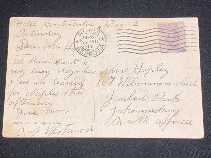 ANTIQUE  POST CARD OF ROMA TUNNEL DEL QUIRINALE SENT TO JHB