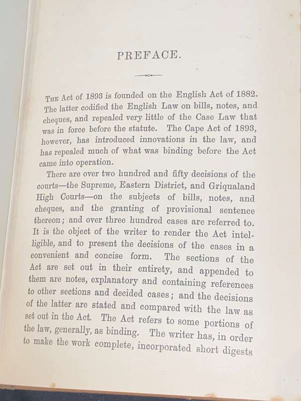 THE CAPE LAW OF BILLS OF EXCHANGE, CHEQUES AND PROMISSORY NOTES BY MORGAN O. EVANS 1896 JUTA