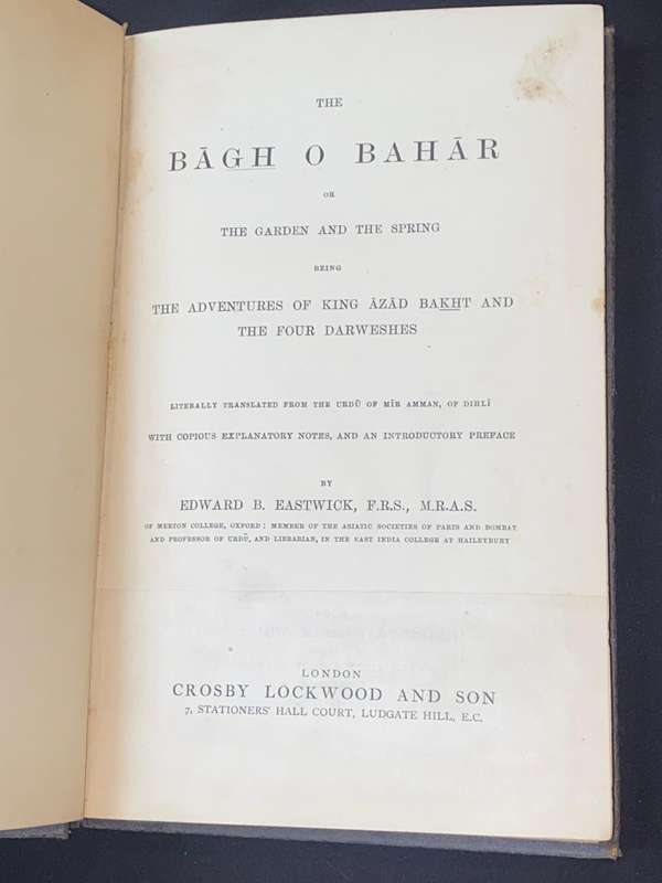 THE BAGH O BAHAR BY EDWARD B. EASTWICK 1852