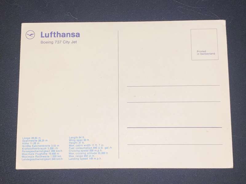 VINTAGE LUFTHANSA BOEING 737 CITY JET POST CARD