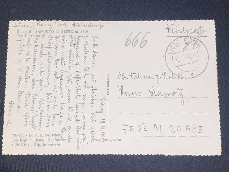 1943 SAN VITO IN SESTO DOLOMITI FELDOST POST CARD