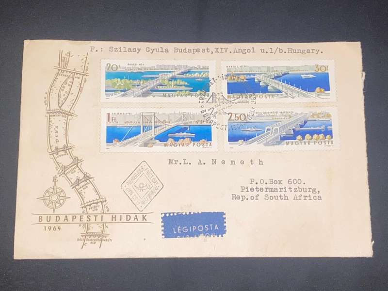 1964 HUNGARY BUDAPEST BRIDGES COVER TO SOUTH AFRICA