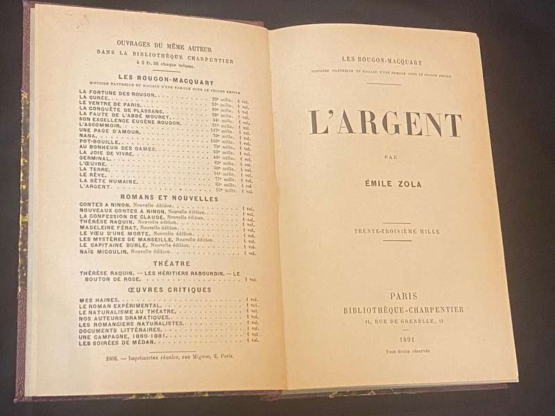 L'ARGENT PAR EMILE ZOLA 1891