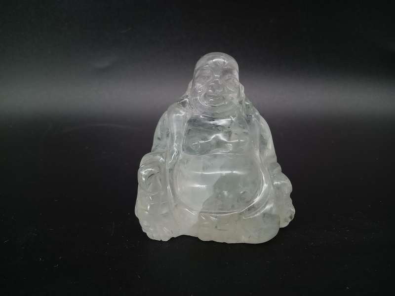 Antique! Small Laughing Buddha, carved In Natural Clear Quartz Stone.