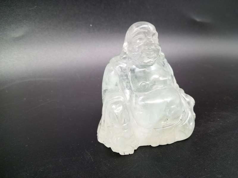 Antique! Small Laughing Buddha, carved In Natural Clear Quartz Stone.