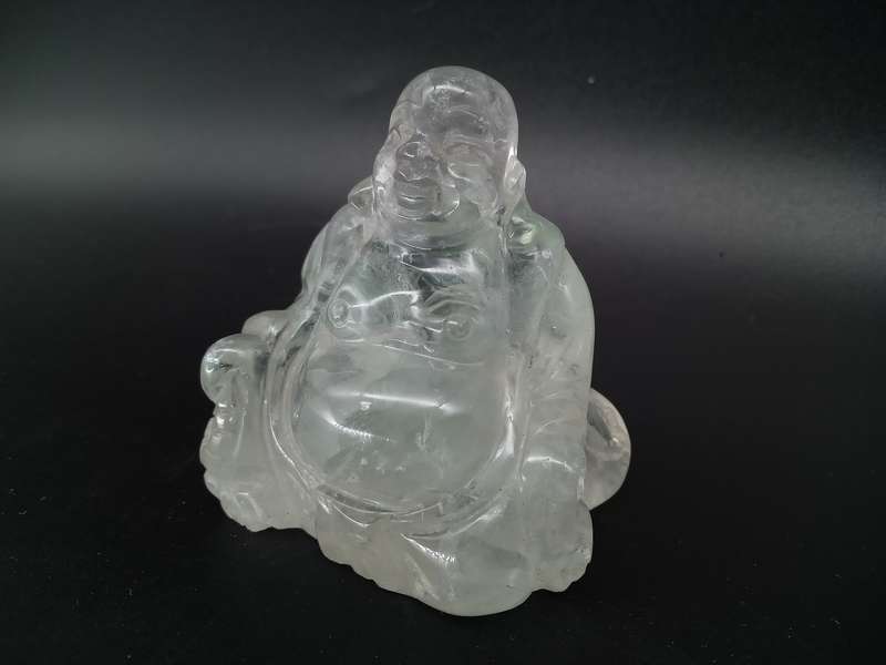 Antique! Small Laughing Buddha, carved In Natural Clear Quartz Stone.