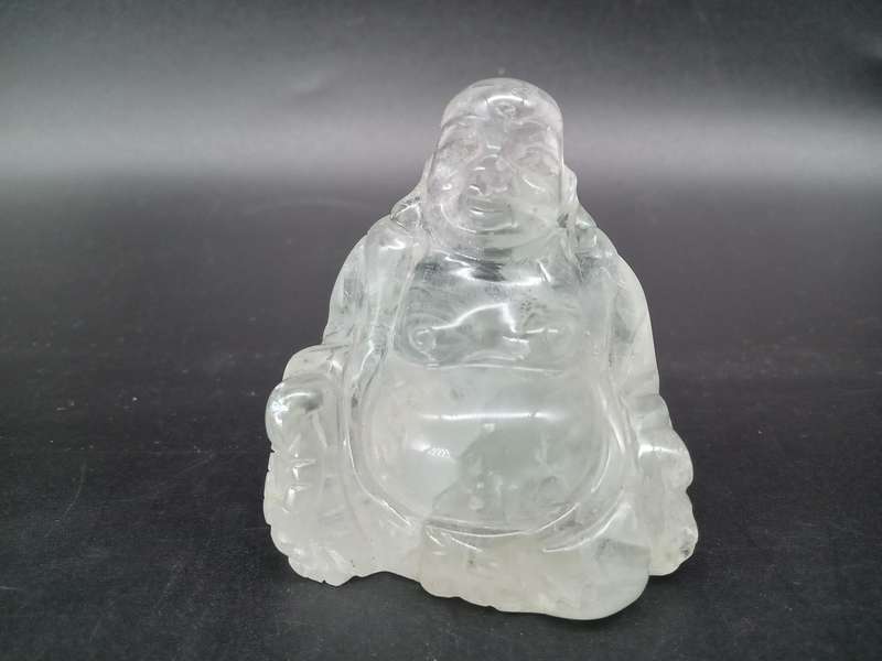 Antique! Small Laughing Buddha, carved In Natural Clear Quartz Stone.