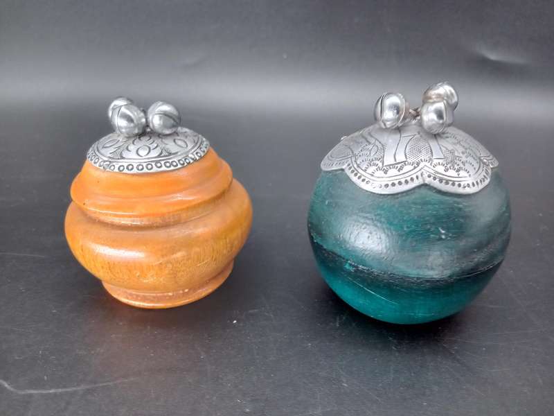 Vintage! Thai / Thailand - Pair of Wooden Sphere Trinket Boxes with Silver-Tone Accents