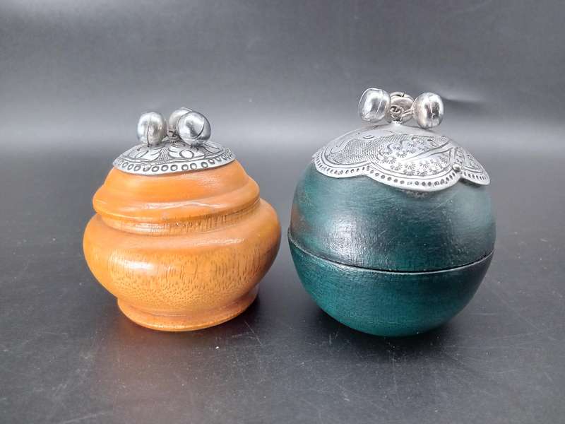 Vintage! Thai / Thailand - Pair of Wooden Sphere Trinket Boxes with Silver-Tone Accents