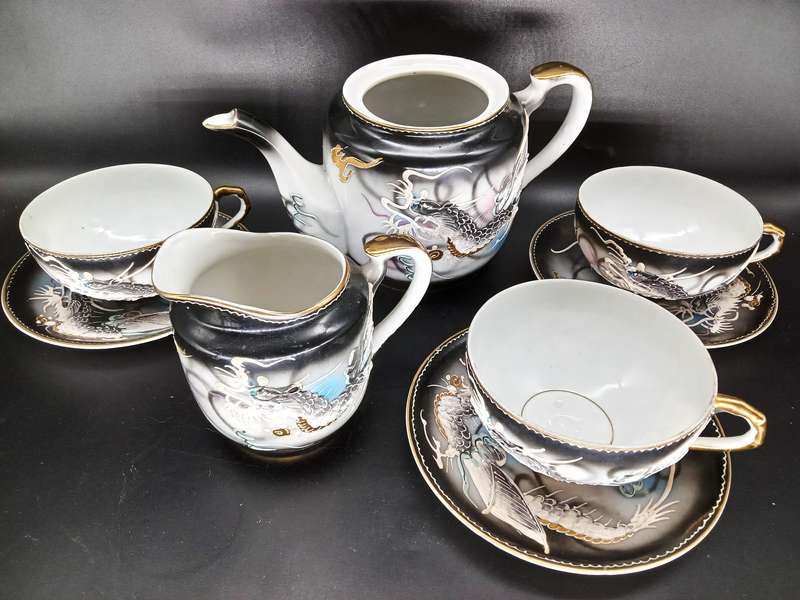 Vintage! DragonWare Kutani Moriage Geisha Lithophane Demitasse Tea Set