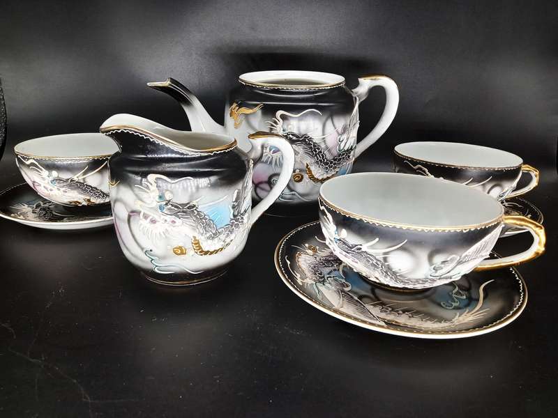 Vintage! DragonWare Kutani Moriage Geisha Lithophane Demitasse Tea Set