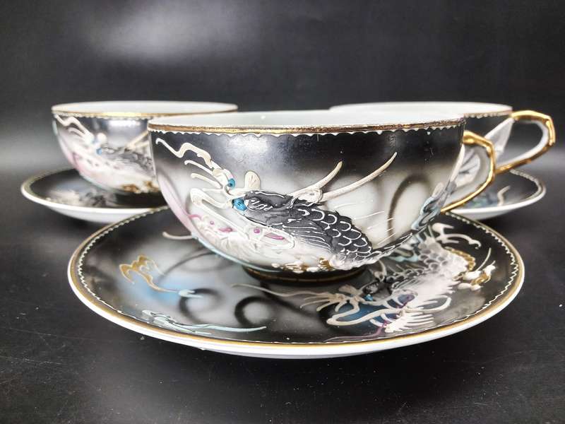 Vintage! DragonWare Kutani Moriage Geisha Lithophane Demitasse Tea Set