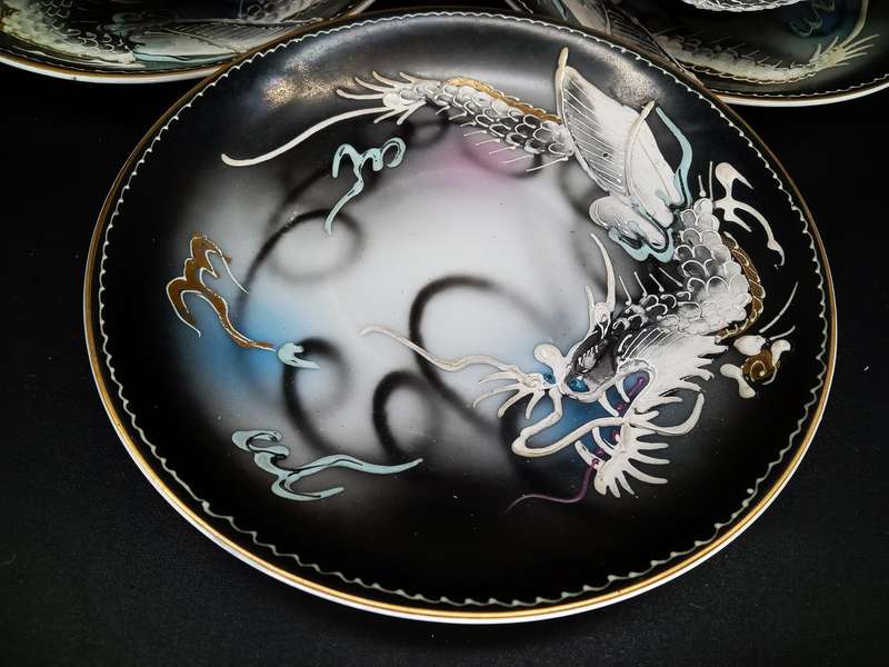 Vintage! DragonWare Kutani Moriage Geisha Lithophane Demitasse Tea Set