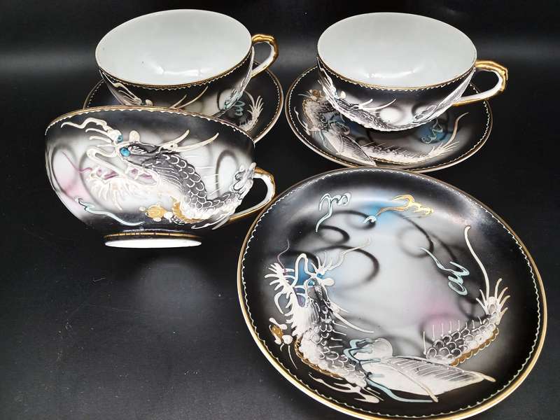 Vintage! DragonWare Kutani Moriage Geisha Lithophane Demitasse Tea Set