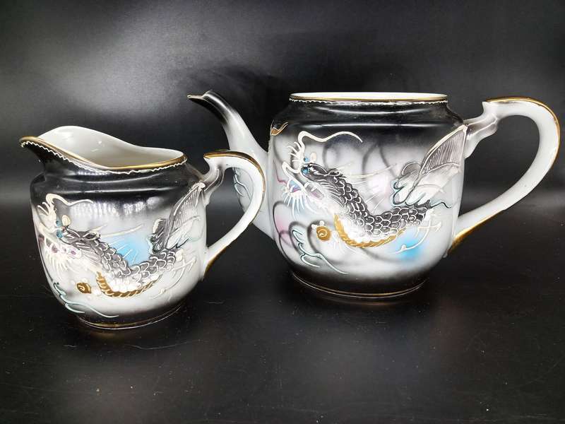 Vintage! DragonWare Kutani Moriage Geisha Lithophane Demitasse Tea Set
