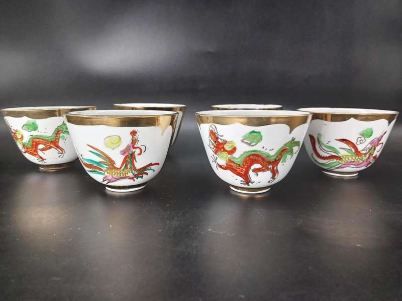 Vintage! China - Hand Painted - Dragon & Phoenix - Set of 6 Tea/Sake Cups