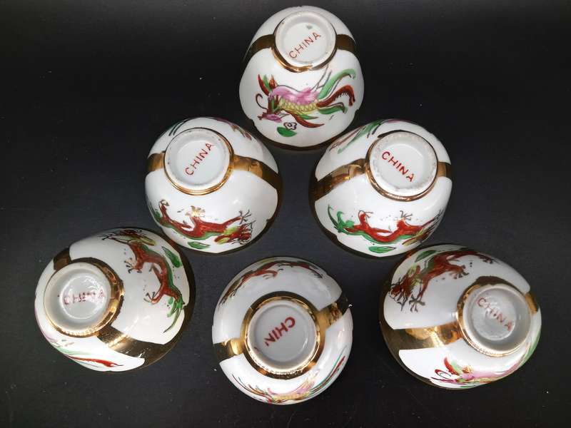 Vintage! China - Hand Painted - Dragon & Phoenix - Set of 6 Tea/Sake Cups