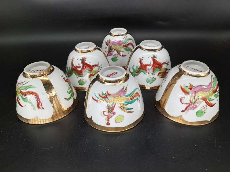Vintage! China - Hand Painted - Dragon & Phoenix - Set of 6 Tea/Sake Cups