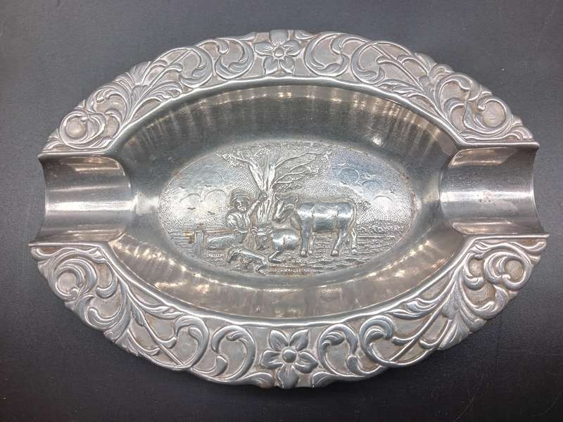 Vintage! Repousse Pressed Metal Oval Ashtray With Farm Scene
