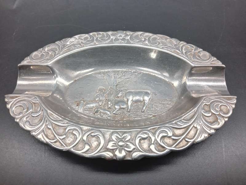 Vintage! Repousse Pressed Metal Oval Ashtray With Farm Scene