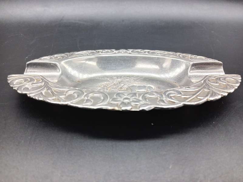 Vintage! Repousse Pressed Metal Oval Ashtray With Farm Scene