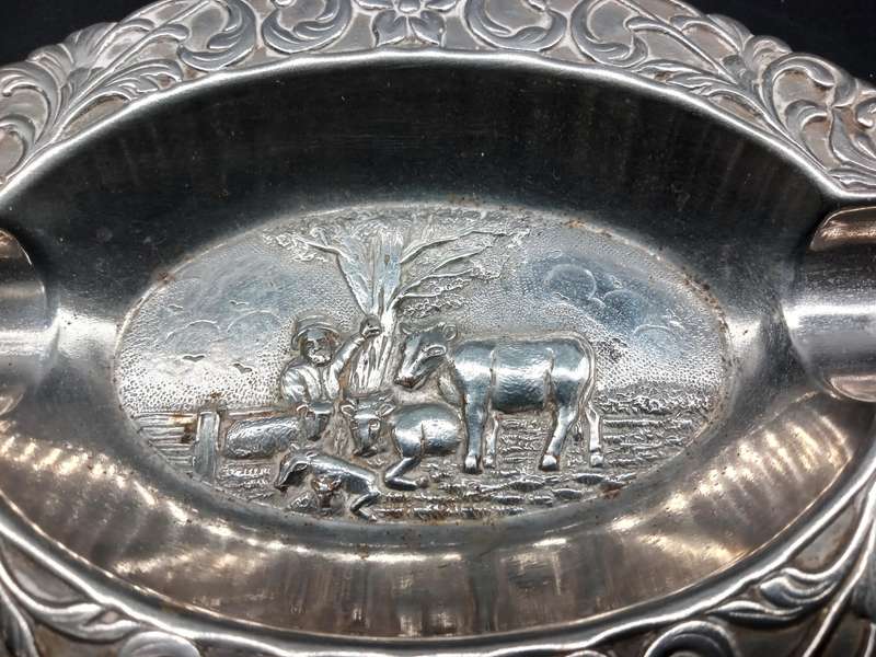 Vintage! Repousse Pressed Metal Oval Ashtray With Farm Scene