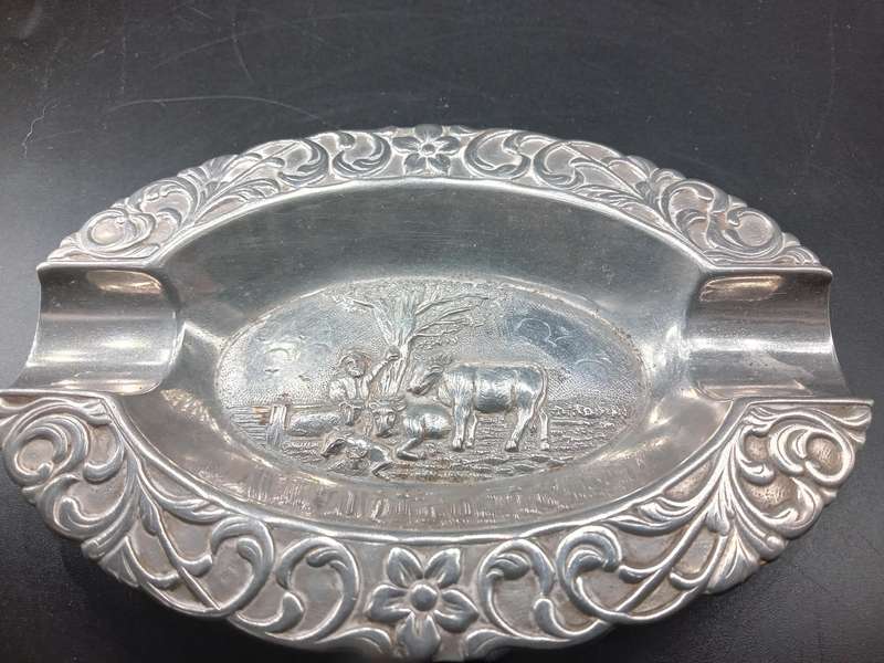 Vintage! Repousse Pressed Metal Oval Ashtray With Farm Scene