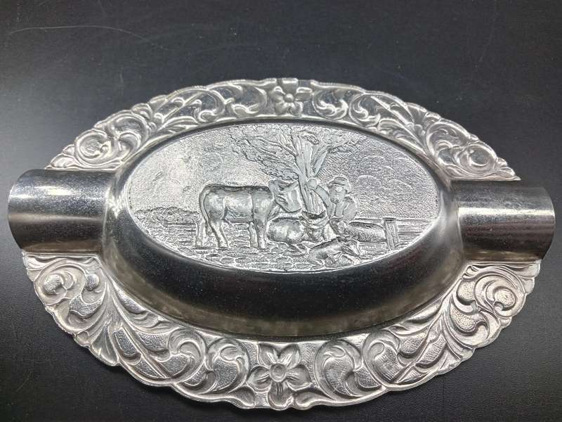 Vintage! Repousse Pressed Metal Oval Ashtray With Farm Scene
