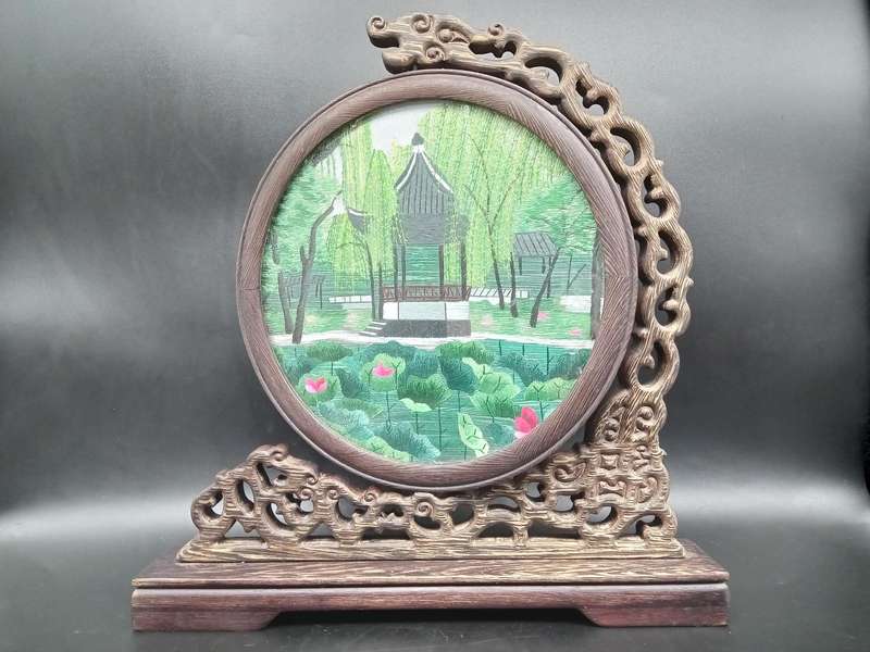 Vintage! Chinese - Silk Shu - Embroidery Art on Wooden Lacquer Swivel Stand