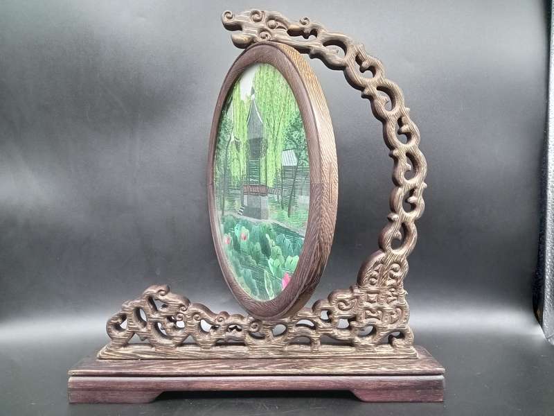 Vintage! Chinese - Silk Shu - Embroidery Art on Wooden Lacquer Swivel Stand
