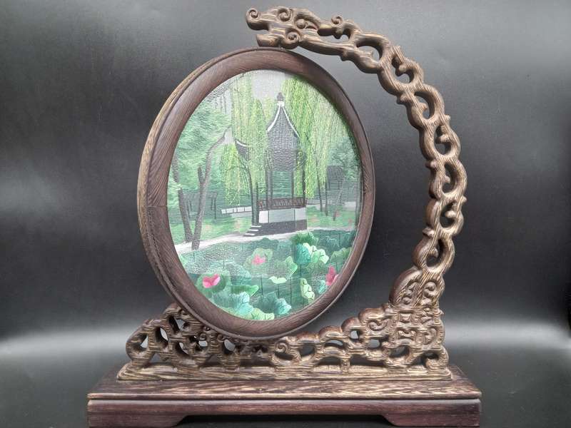 Vintage! Chinese - Silk Shu - Embroidery Art on Wooden Lacquer Swivel Stand