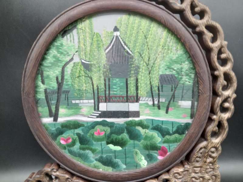 Vintage! Chinese - Silk Shu - Embroidery Art on Wooden Lacquer Swivel Stand