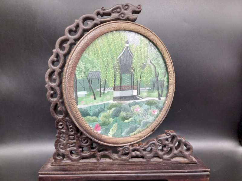 Vintage! Chinese - Silk Shu - Embroidery Art on Wooden Lacquer Swivel Stand