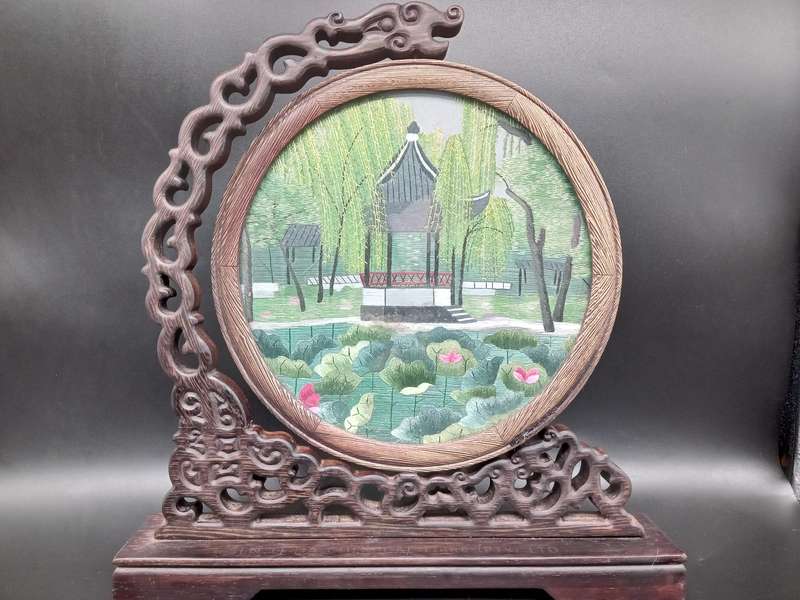 Vintage! Chinese - Silk Shu - Embroidery Art on Wooden Lacquer Swivel Stand