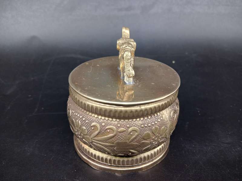 Vintage! Indian - Brass - Flower / Elephant design - KumKum Puja Box / Trinket Box - With Lid