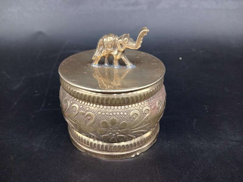 Vintage! Indian - Brass - Flower / Elephant design - KumKum Puja Box / Trinket Box - With Lid