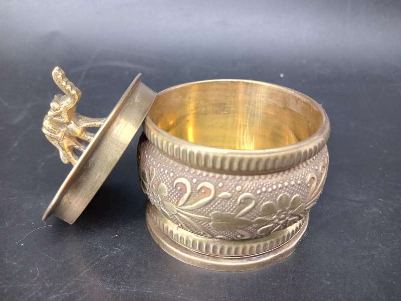 Vintage! Indian - Brass - Flower / Elephant design - KumKum Puja Box / Trinket Box - With Lid