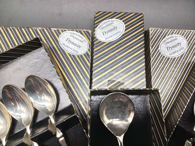 Vintage! Boxed - Greensons "Dynasty" SilverPlated 6 Cake Forks, 6 Spoons & 1 Sugar Spoon